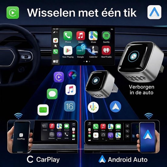 Draadloze CarPlay Adapter - Android Auto Dongle - Auto Navigatie - 2 Telefoons Koppelen - 2-in-1 - Zwart — afbeelding 4