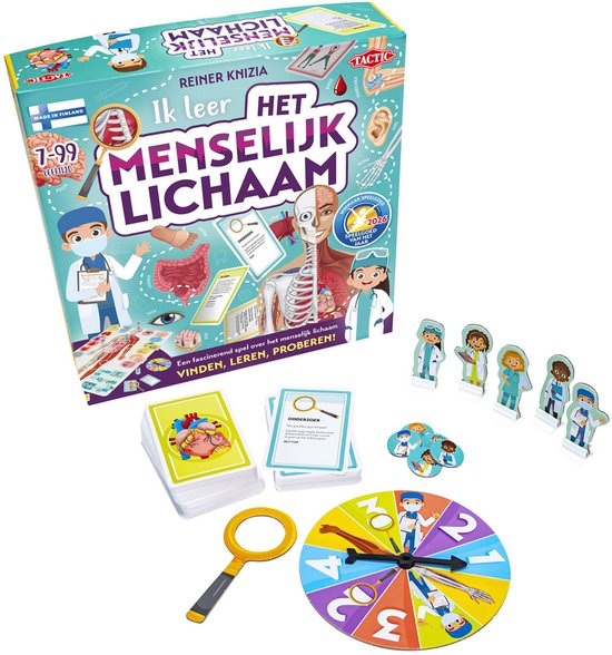 Doos van het spel "Ik leer het menselijk lichaam" met spelonderdelen, waaronder pionnen, kaarten, een loep en een draaischijf.