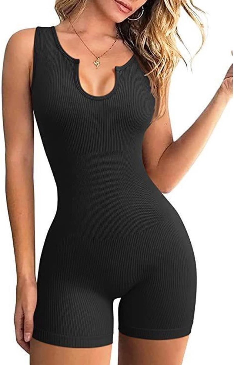 Mouwloze Dames Jumpsuit met Korte Broek en V-hals - Geribd Bodycon Romper voor Zomer Casual Streetwear en Feestoutfits