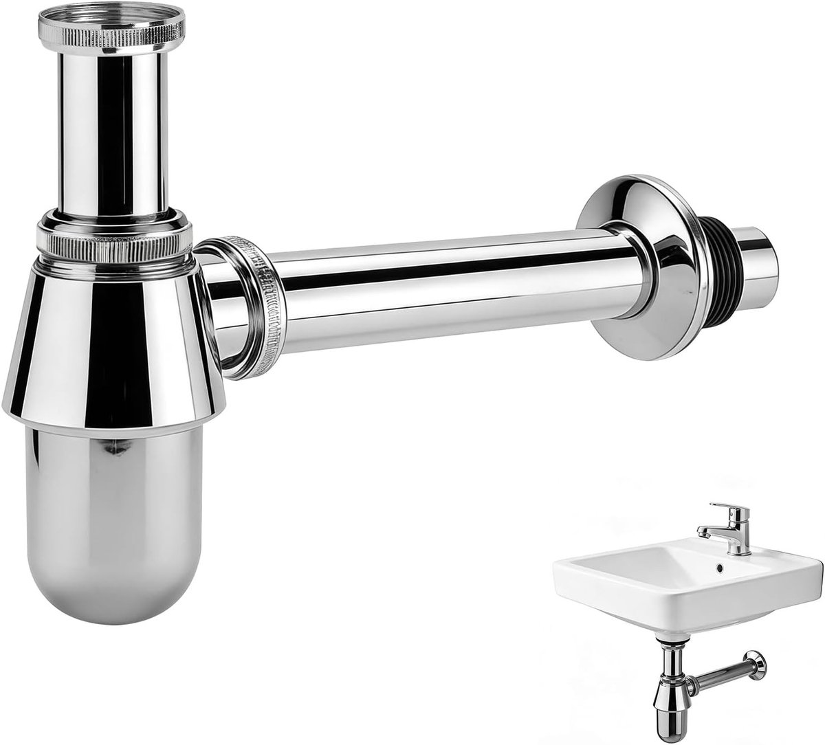Sifon voor wastafel 1/4 inch met diameter 32 mm, verstelbaar en universeel met reinigingsopening, chroom voor badkamer en keukenafvoeren