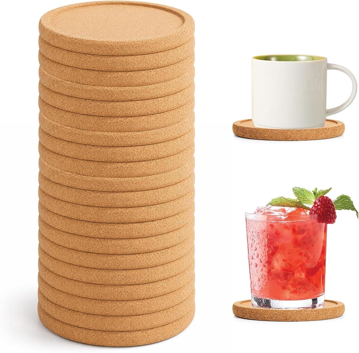 Ronde kurken onderzetters, set van 20 stuks, absorberend en hittebestendig voor bescherming van tafeloppervlak, ideaal voor koffie, thee en wijngebruik
