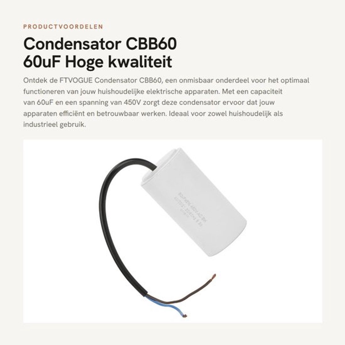 Dailygoods - Condensator Cbb60 - 60uF - Hoge kwaliteit - 450v - Duurzaam en