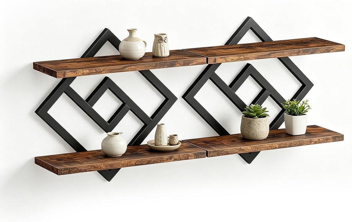 Set van 2 Wandplanken van Hout en Metaal, Zwevende Planken met 2 Niveaus voor Keuken, Woonkamer en Slaapkamer, Retro Design in Zwart en Bruin