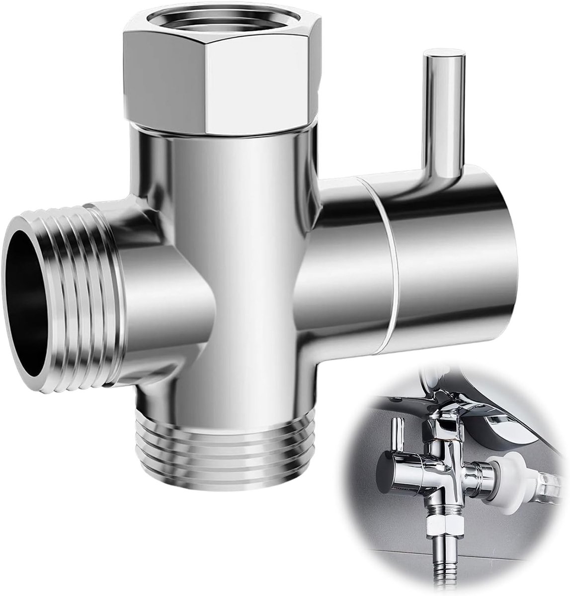 Drie-weg schakelklep voor douche G1/2", messing wateraansluiting, chroom afwerking, eenvoudig te installeren, ideaal voor badkamer en keuken, waterbesparing en gebruiksgemak