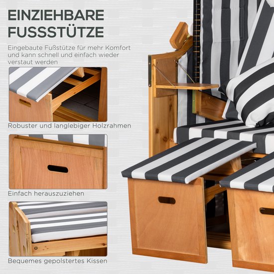 Outsunny Strandstoel met kap en voetensteun - Dubbele ligstoel van PE-rotan met zonnekap - Grijs/Wit — afbeelding 5