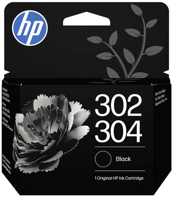 HP 302/304 zwarte inktcartridge met een zwart-wit bloem en grijze takjes.