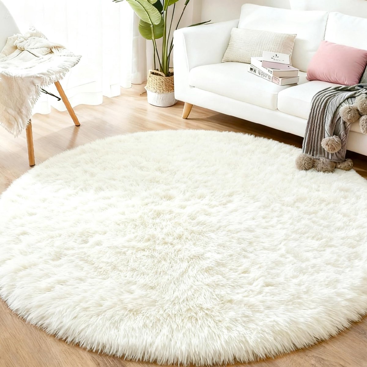 Vloerkleed - Diameter 100 cm - Rond - Hoogpolig - Antislip - Beige