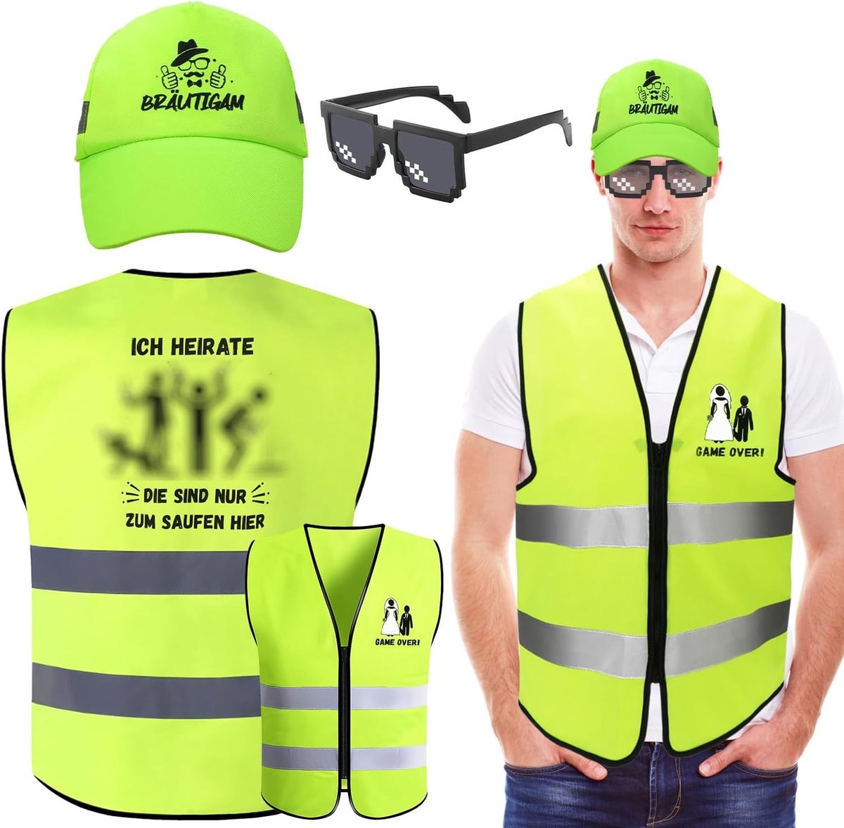 Grappige kostuumaccessoires voor mannen: feestelijke hoed, zonnebril en vest voor vrijgezellenfeest