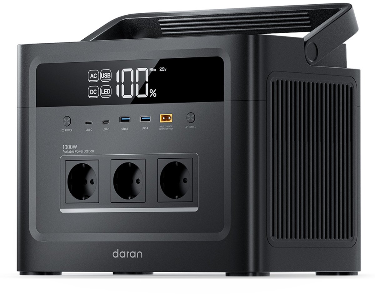 DaranEner Cubus1000 Max draagbare powerstation, 1152Wh LiFePO4-batterij, 1000W zuivere sinusgolfuitgang, 2000W piekvermogen, 300W zonne-energie-ingang, 100W USB-C PD, XT60-uitgang, MPPT, BMS, UPS, meer dan 3500 laadcycli.