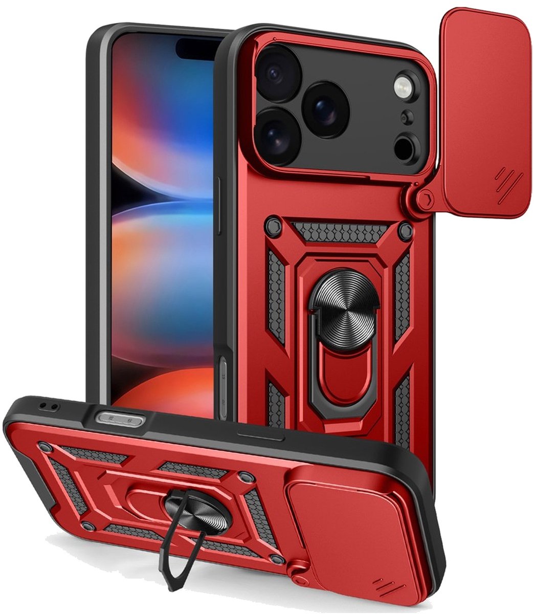 MobyDefend Hoesje - Geschikt voor iPhone 18 Pro Max - Pantsercase Met Draaibare Ring - Rood