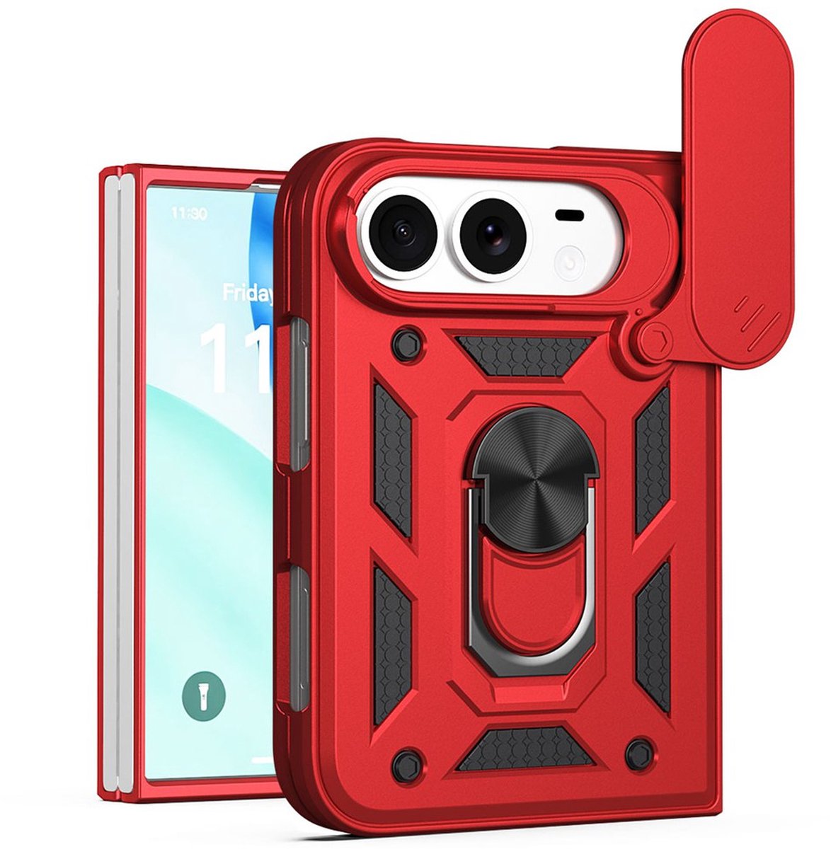 MobyDefend Hoesje - Geschikt voor iPhone Fold - Pantsercase Met Draaibare Ring - Rood