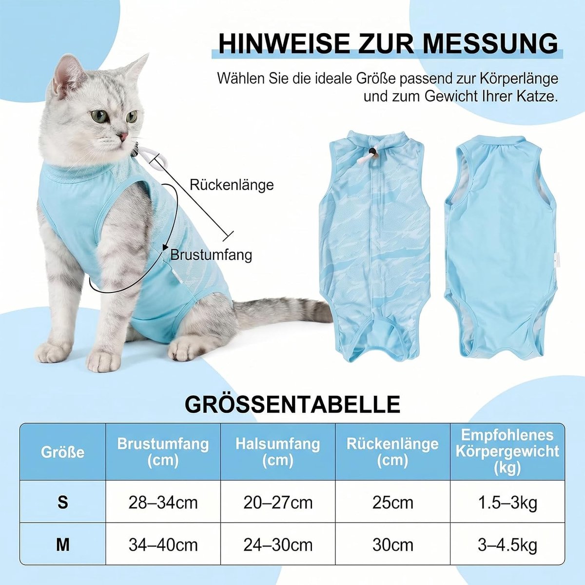 Ademende herstelbody voor katten, alternatief voor kegel na operaties, comfortabel en veilig herstelpak (blauw, S)