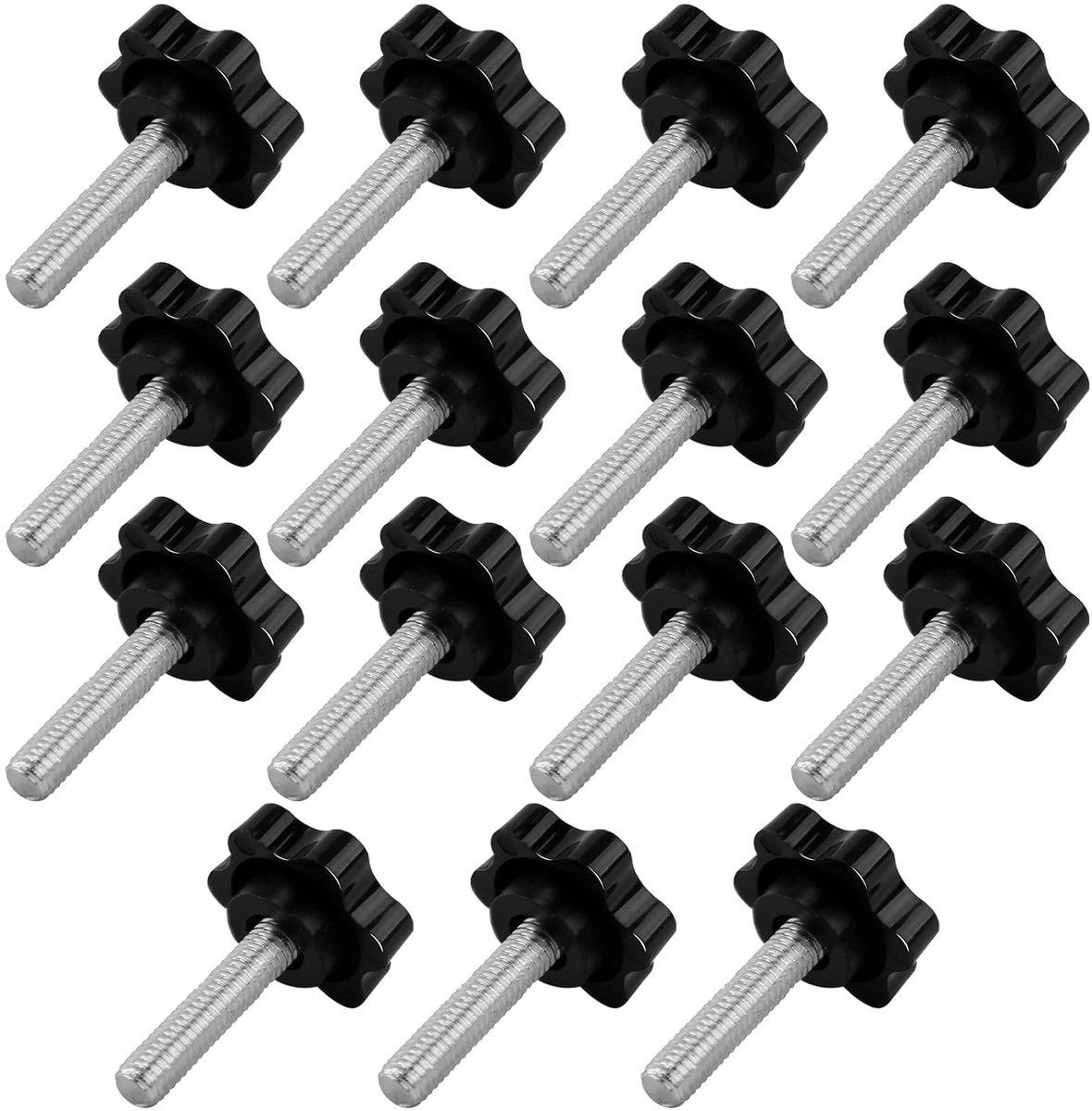 Set van 15 M6 × 25 mm Schroefknoppen, Stervormige Grip Schroeven voor Meubels, Machines en Elektronica, Zwart Gegalvaniseerd Metaal