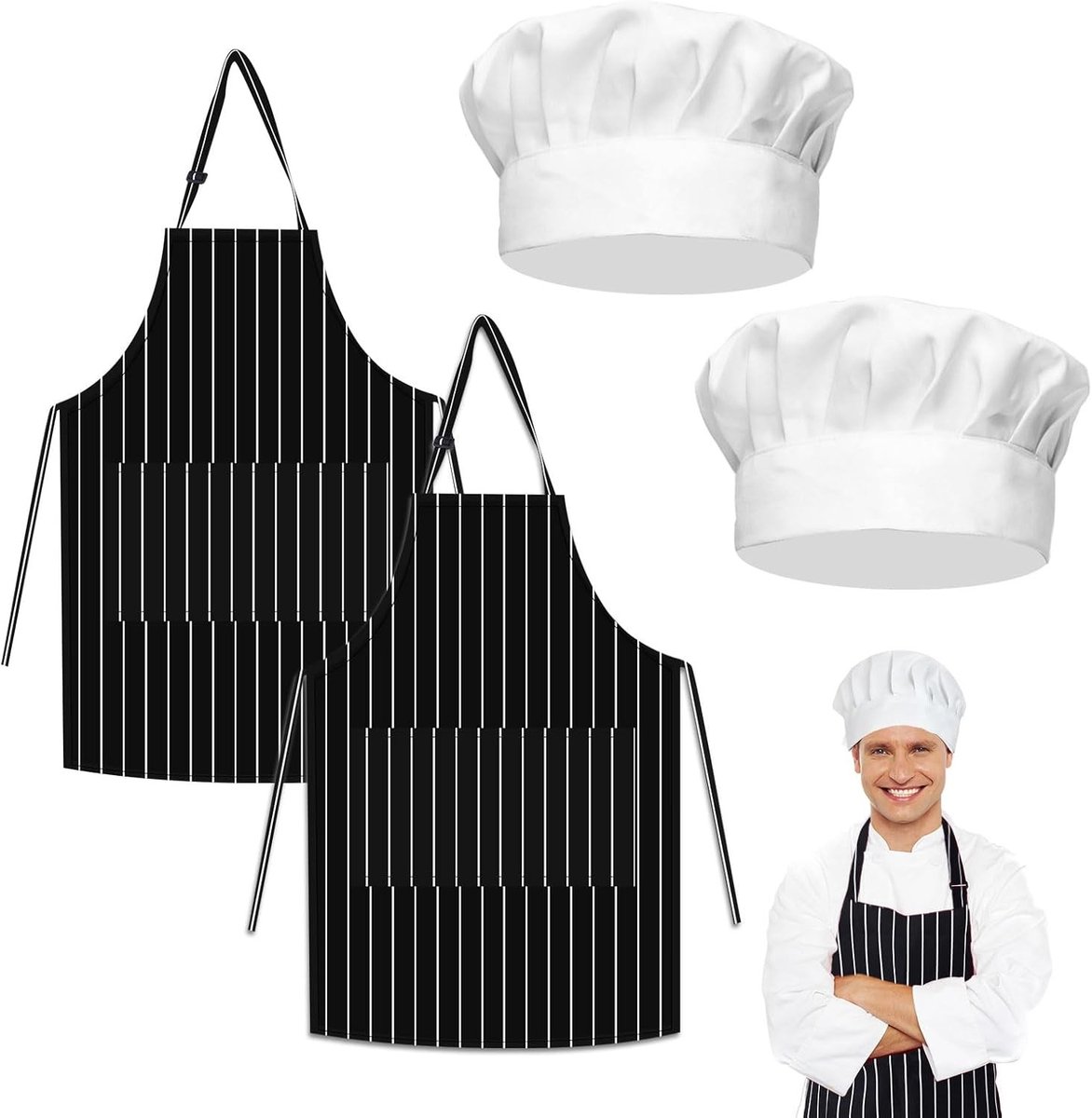 Set van 4 Zwarte Waterdichte Keuken Schorten met 2 Zakjes en Verstelbare Band voor BBQ, Koken en Kappers