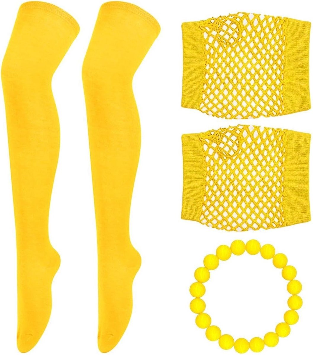 Geel Over-the-Knee Kousen, Visnet Halve Handschoenen en Acrylaat Armband, Mode Accessoires voor Rollenspel en Persoonlijke Verkleedkleding