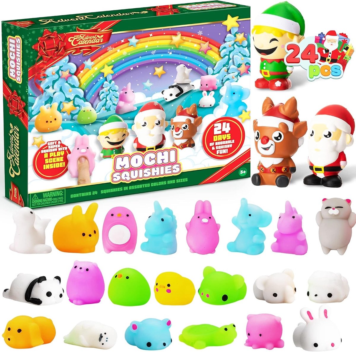 Mochi Squishy Advent Calendar voor Kerstmis, 24 Dagen, Inclusief 21 Schattige Squeezy Speelgoed en 3 Grote Squeezers voor Kinderen en Volwassenen