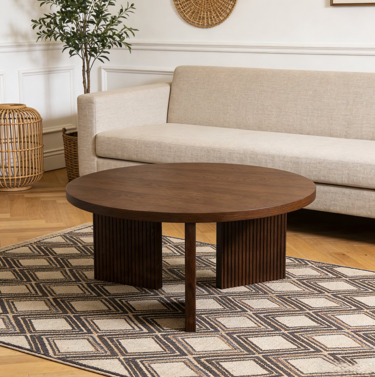 MODENUIT Salontafel - Ronde Tafel Met Rillestructuur - Voor Woonkamer - MDF - Walnootbruin - 80 Cm