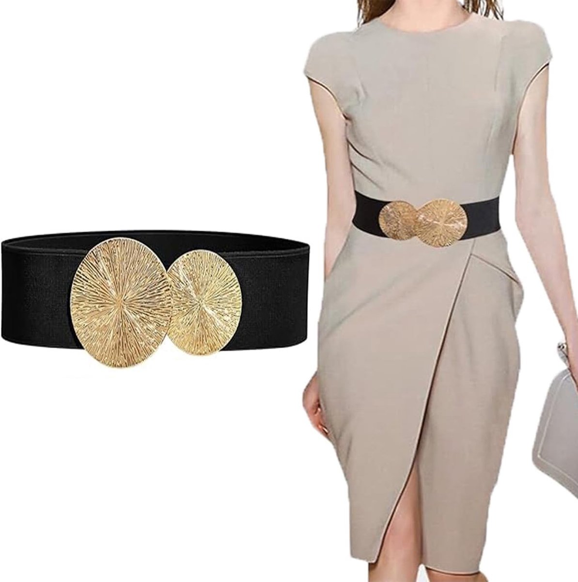 Vintage Brede Elastische Riem voor Dames - Retro Gouden Dubbele Riemgesp voor Jurken en Jassen - Modieuze Tailleband voor Casual en Formele Outfits