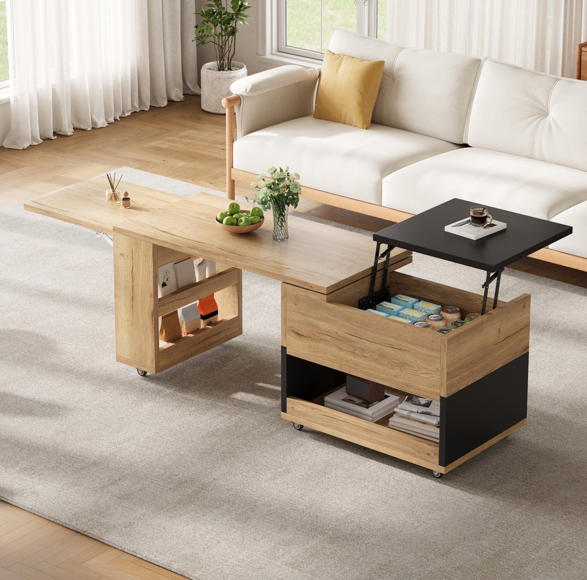 MODENUIT Salontafel - Uitschuifbaar Met Opklapbaar Blad - Hout - Naturel Zwart - 161,5x46x67 Cm