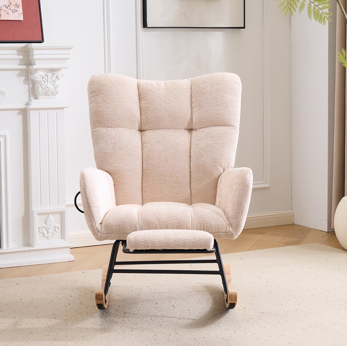 Wishdor Schommelstoel - Hoge rugleuning en armleuningen - Met voetsteun en opbergvak - Scandinavisch basic - Woonkamer slaapkamer kantoor leeshoek - Chenille beige