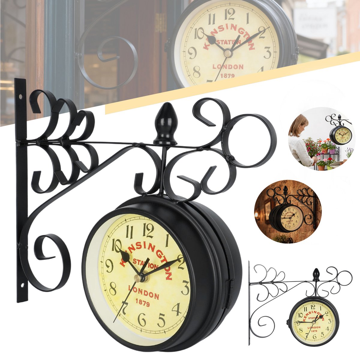 Tweezijdige Vintage Wandklok, Wandklokken Voor Treinstations, Buitenwandklok, Stil Kwarts Uurwerk, Vintage Deco.