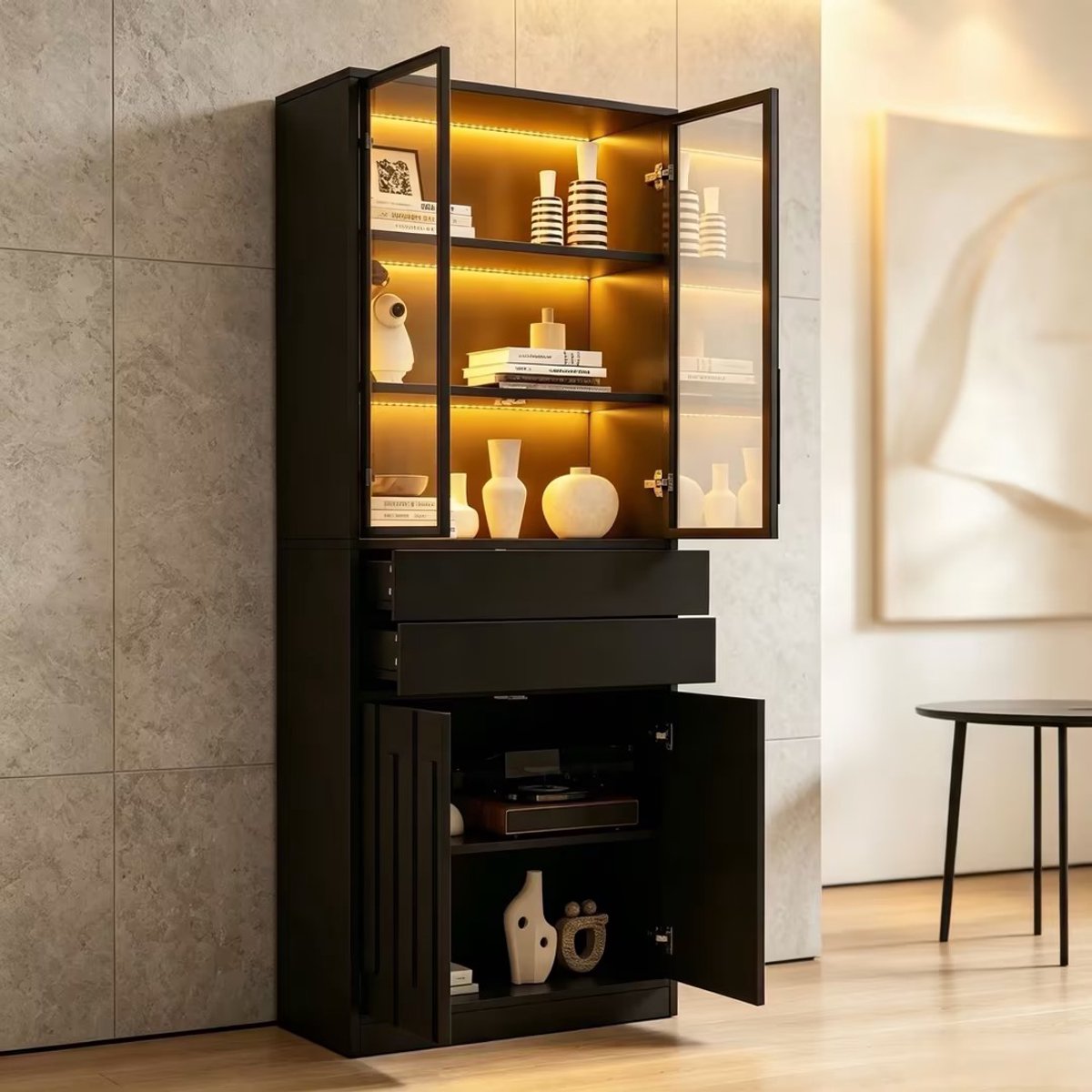 Zweierpackungen Vitrine Display Schrank Boekenplank 140×34×180cm uit Spaanplaat, boekenkast met 2 glazen deuren, 2 lades, LED-beclairage, hoog kast, wein kast, vitrinekast voor woonkamer, zwart