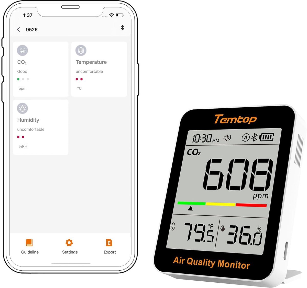 CO2 Meter – Luchtkwaliteitmeter – Bluetooth – Thermometer & Hygrometer – Draagbaar – LCD Display
