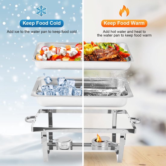 Triumpunpre - 8 QT RVS Warmhoudschaal Buffet Set - Rechthoekige Chafing Dish met Deksel - Pannen en Brandstofhouders - Eten Warmhouder voor Catering, Feesten en Bruiloften - 2 Sets Originele Kleur Enkele cel — afbeelding 4