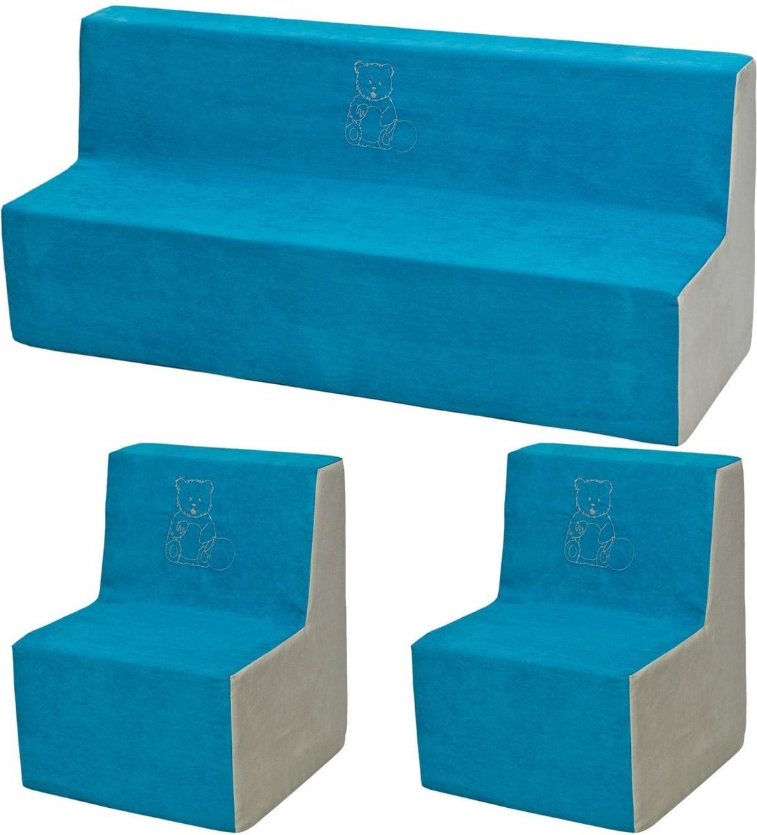 Zachte Foam meubels borduurwerk set: 2xbank + Bank voor kinderen, kinderen, comfortabel, ontspannen - blauw en beige