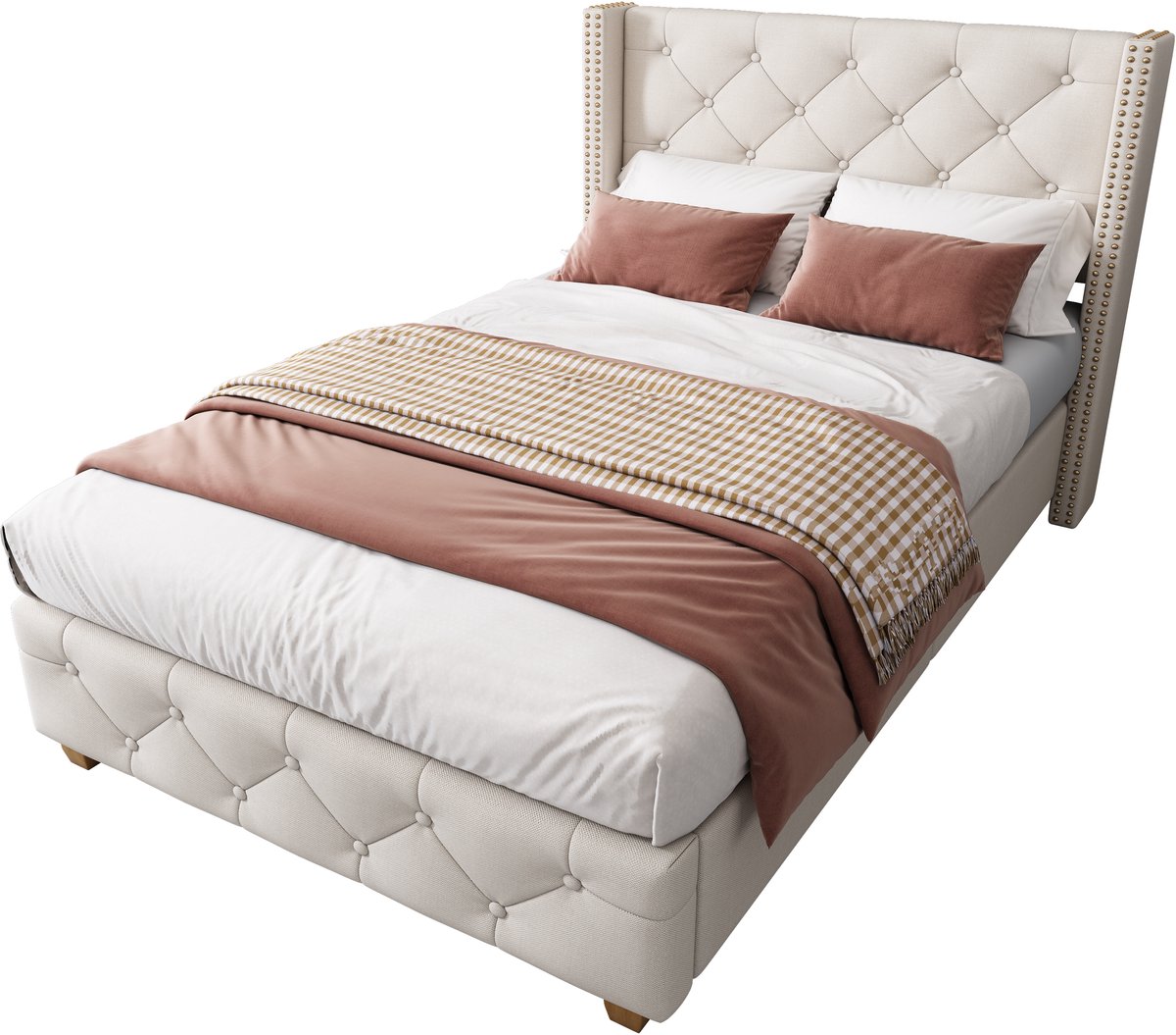 WUVRIE Gestoffeerd bed 90x200 cm met lattenbodem, hoofdbord en knopdetails in beige