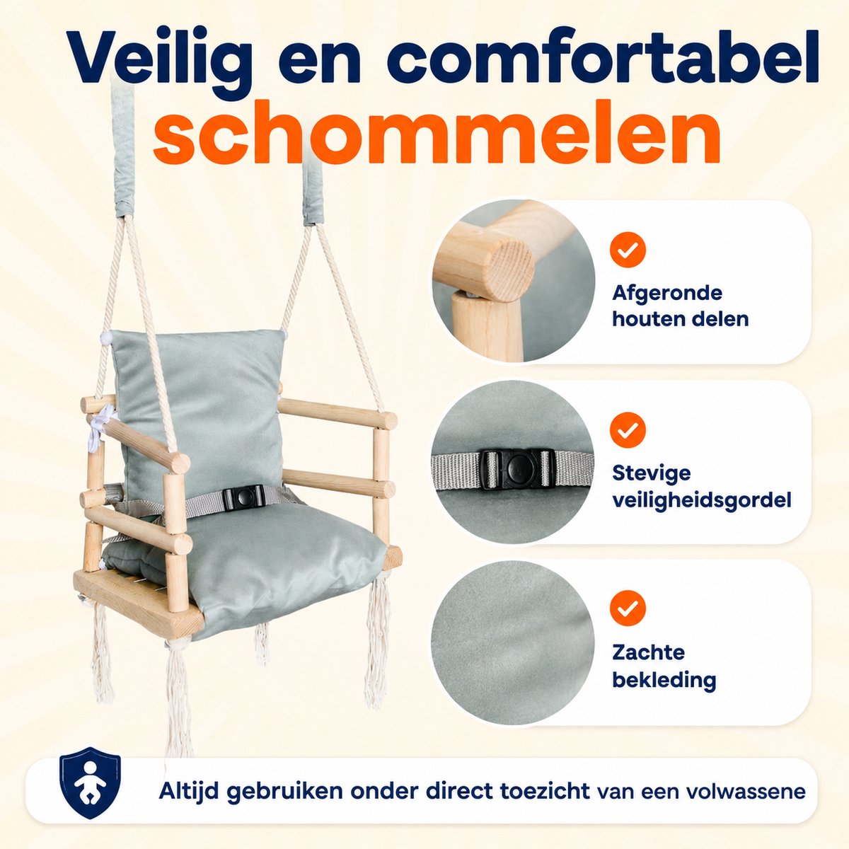 Trendmix Houten Babyschommel 3-in-1 – Meegroei Kinderschommel – Inclusief Ophanghaken – Vanaf 8 Maanden – Grijs — afbeelding 5