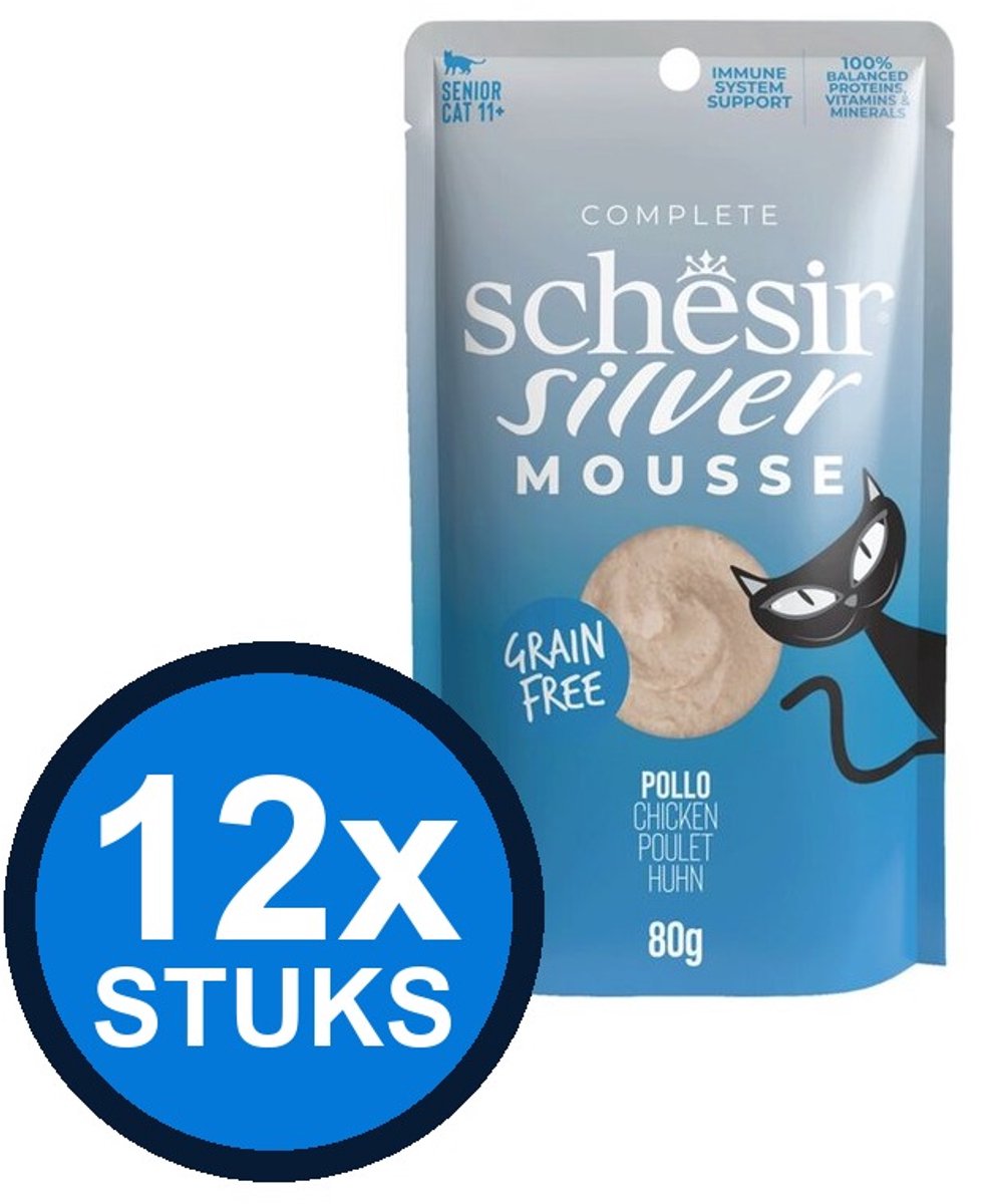 12x Schesir Silver Senior Mousse - Kip - Kattenvoer Natvoer - 80g