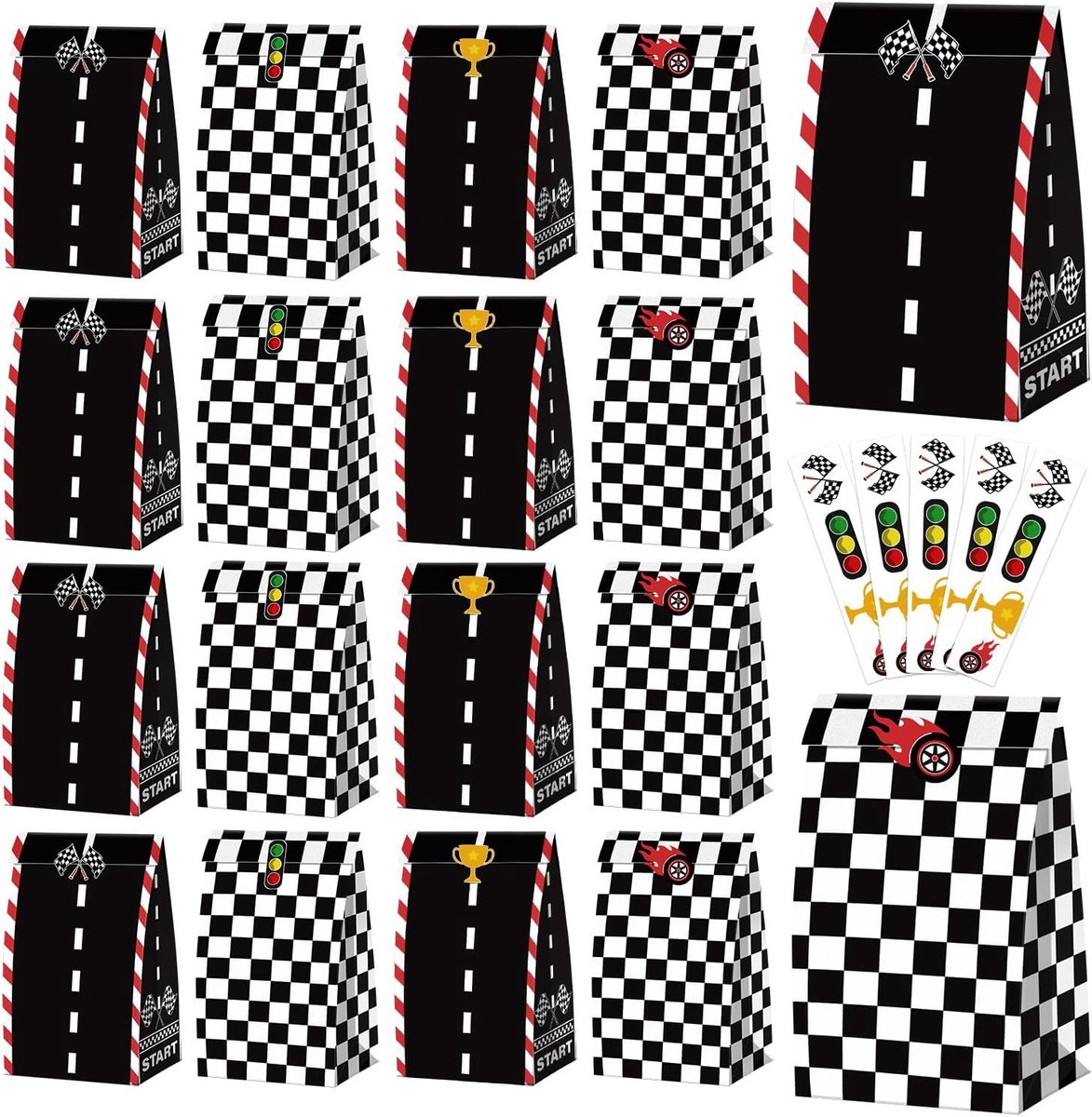 20 stuks raceauto goodiezakjes - raceauto feestzakje met stickers, zwart-wit geruite geschenkpapieren zakken, race verjaardagssnoeptraktatietas voor kinderfeestdecoraties