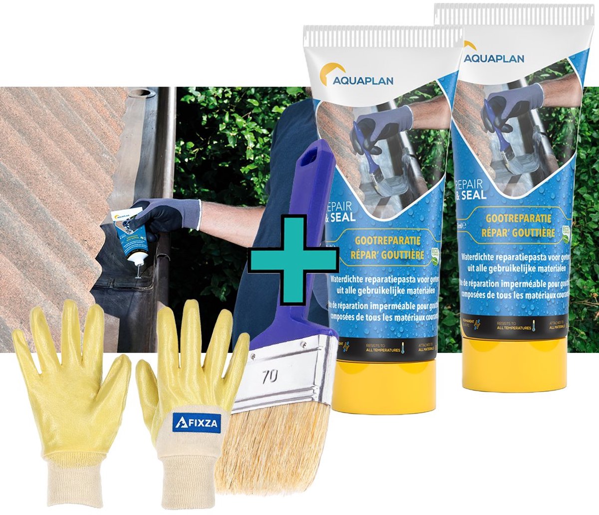 Aquaplan Gootreparatie – set – Waterdichte Reparatiepasta voor Dakgoten – Elastisch & Scheuroverbruggend – 300 ml