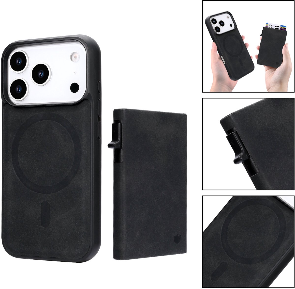 Casemania Hoesje Geschikt voor Apple iPhone 18 Pro - Charcoal Gray - Magnetisch Back Cover met Uitschuifbaar Pasjeshouder - 2 in 1 Telefoonhoesje geschikt voor MagSafe met 6 Pasvakjes Creditkaarthouder - Donker Grijs