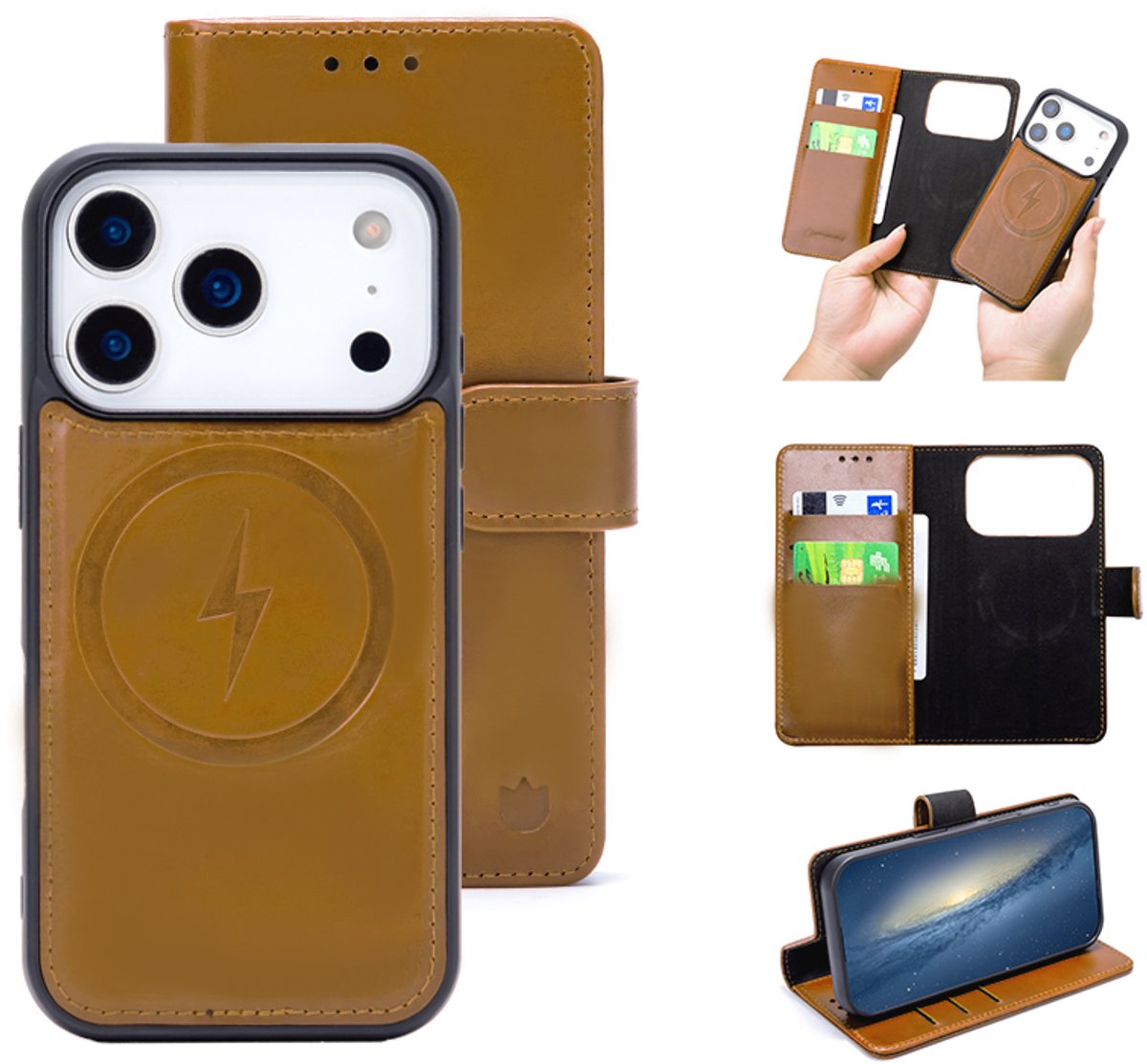 Casemania Echt Leren Hoesje Geschikt voor Apple iPhone 18 Pro - Sienna Brown - Geschikt voor MagSafe - Leer 2 in 1 Magnetisch Afneembare Book Case - Portemonnee Telefoonhoesje met Pasjeshouder