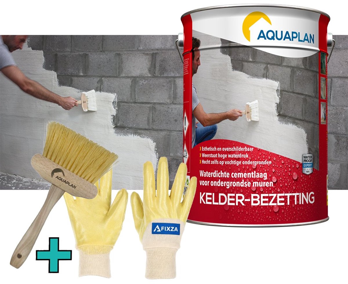 Aquaplan Kelder-Bezetting – set – Waterdichte Cementcoating voor Keldermuren – Bestand tegen Waterdruk – Voor Vochtige Ondergronden 5 kg
