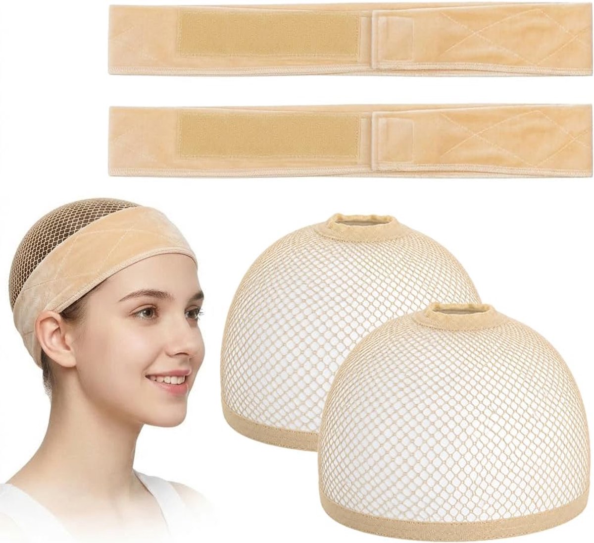 Pruikband, antislip, met pruikkap, 4 stuks, elastische pruikgreep, verstelbare fluwelen pruikband en haarnet, ademende pruikkap, pruikenaccessoires voor dames (beige)