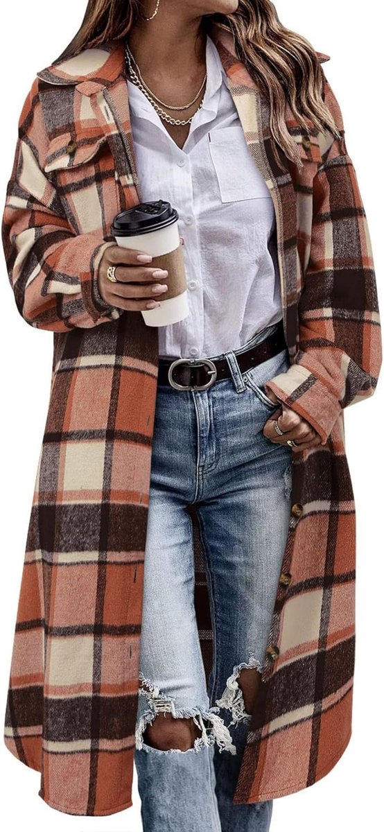 Flanel geruite jas voor dames, oversized, lange mouwen, revers, buttondown, geruit, katoen, lange hemdjas, mantel