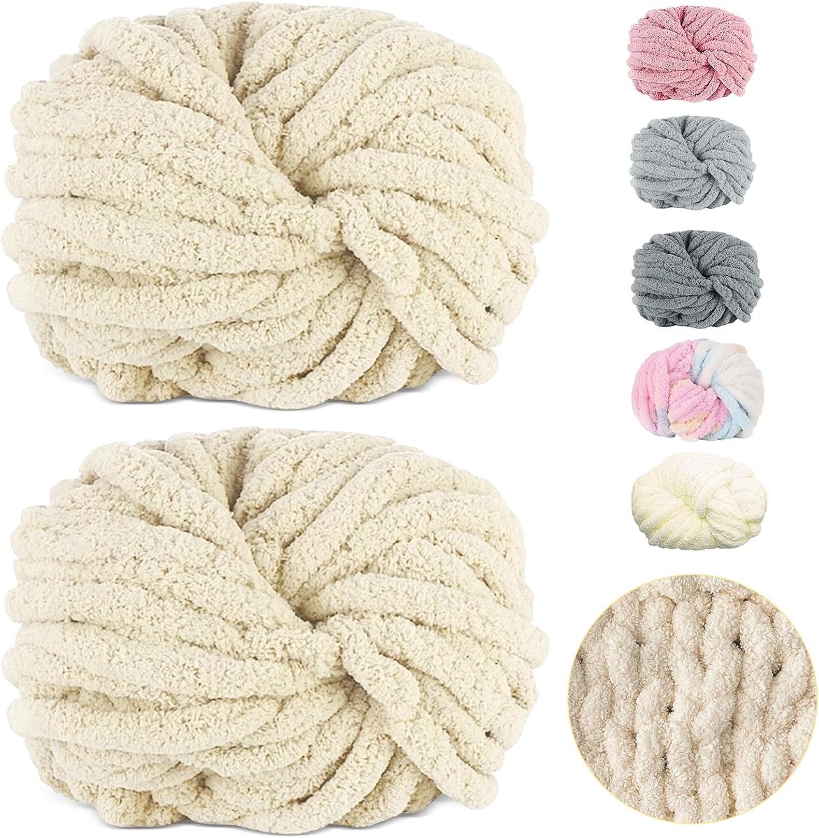 Wolgaren, 500 g (250 g x 2) ca. 54 m, beige dikke wol, superzacht chenille, grof gebreid, zacht wolgaren, met zachte arm voor haken van dekens, sjaals, mutsen, dekens, sierkussens