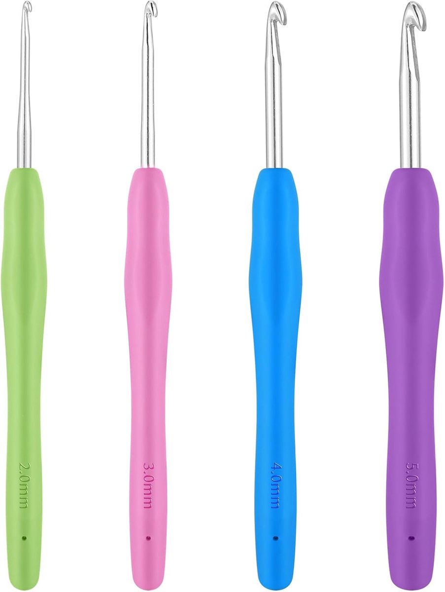 Haaknaalden, 4 maten, ergonomisch, metaal, kleurrijke siliconen handgreep, 14 cm, extra lang, breinaald voor beginners en liefhebbers
