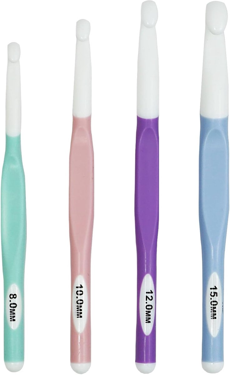 Haaknaaldenset met rubberen handgrepen, 4 maten: 8,0 mm, 10,0 mm, 12,0 mm, 15,0 mm, kunststof haaknaalden, voor beginners, kinderen, voor het haken van truien, sjaals, tapijten