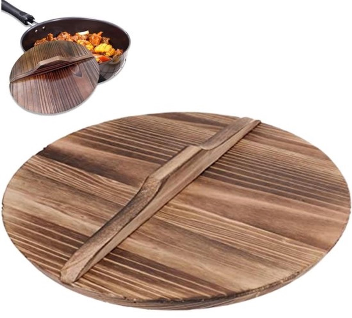 Wok Deksel - Pot Deksel - Koken in Keuken - Anti-Brandwonden Handvat - 30 cm Diameter - Natuurlijk Hout