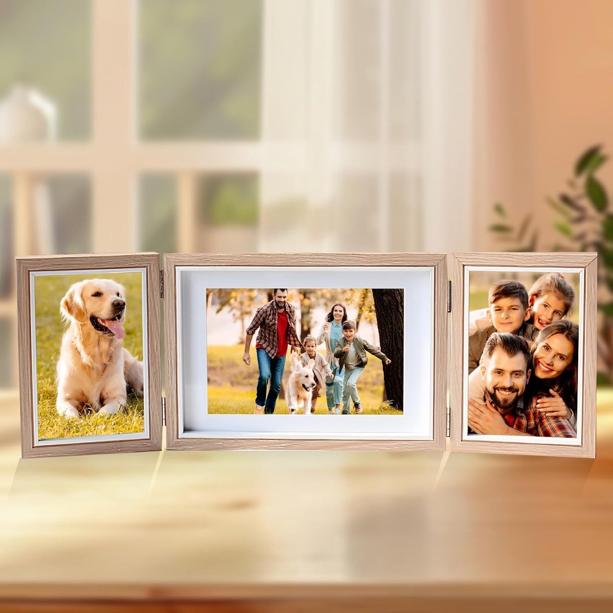 Fotolijst voor 3 moderne houten foto's: 10x15 & 13x18cm, scharnier fotolijst met glasplaat, meervoudig voor bureau, bruiloft of verzamelfoto's