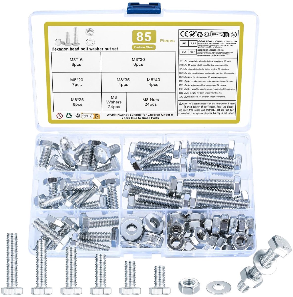 85-delige M8-schroevenset, zeskantmoerenset, schroefdraadschroevenset, machineschroevenassortiment met ringenset, zeskantschroeven en moerenset
