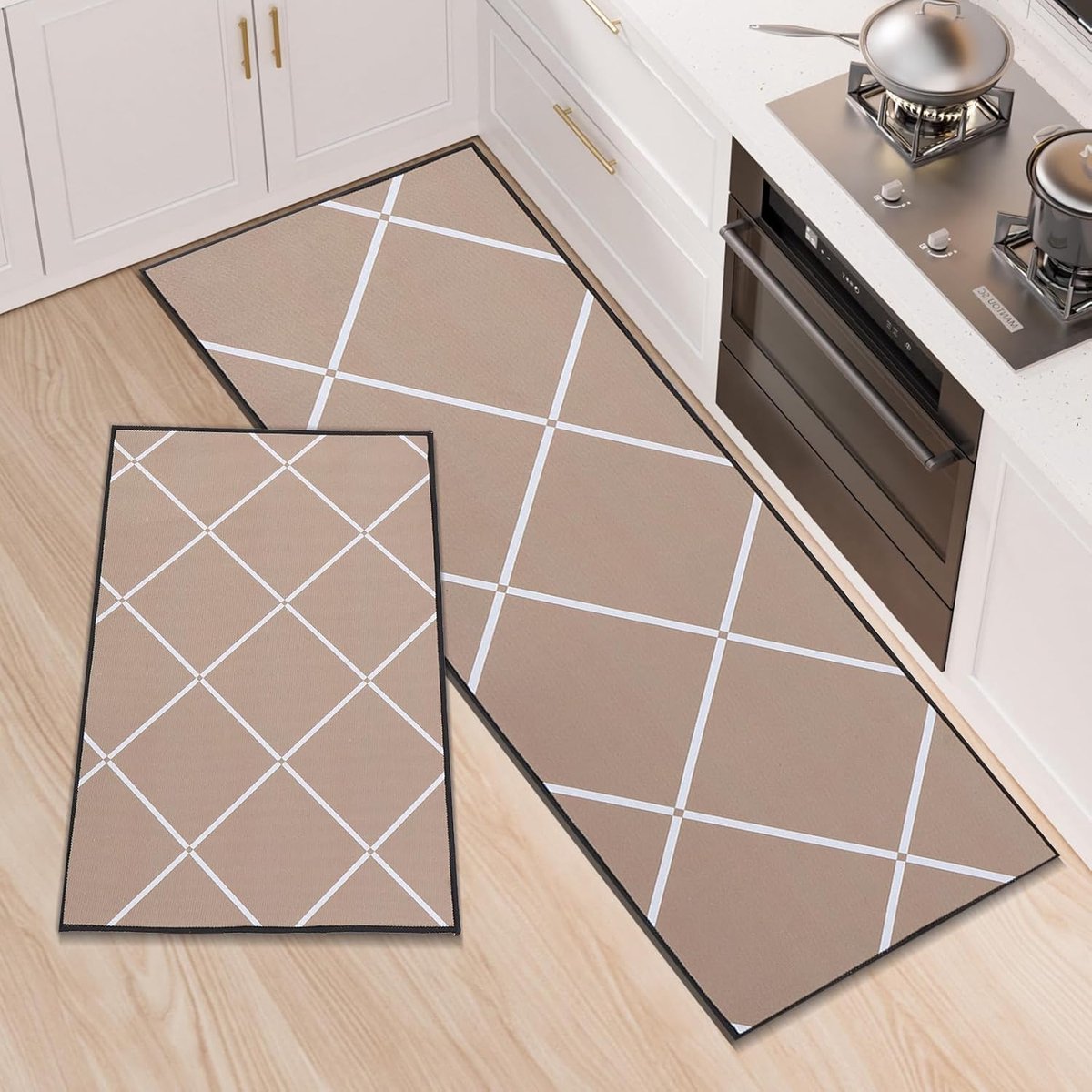 Set van 2 keukentapijten, wasbare keukenmatten, antislip loper, absorberende deurmat voor entree en kantoordecoratie, 50 x 80 + 50 x 150 cm, kaki