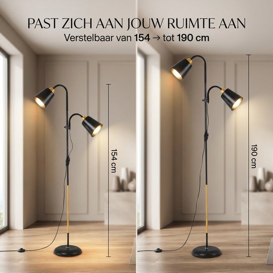 Zwarte staande lamp met twee lampenkappen, gouden details. Verstelbare hoogte van 154 cm naar 190 cm. Twee standen getoond.