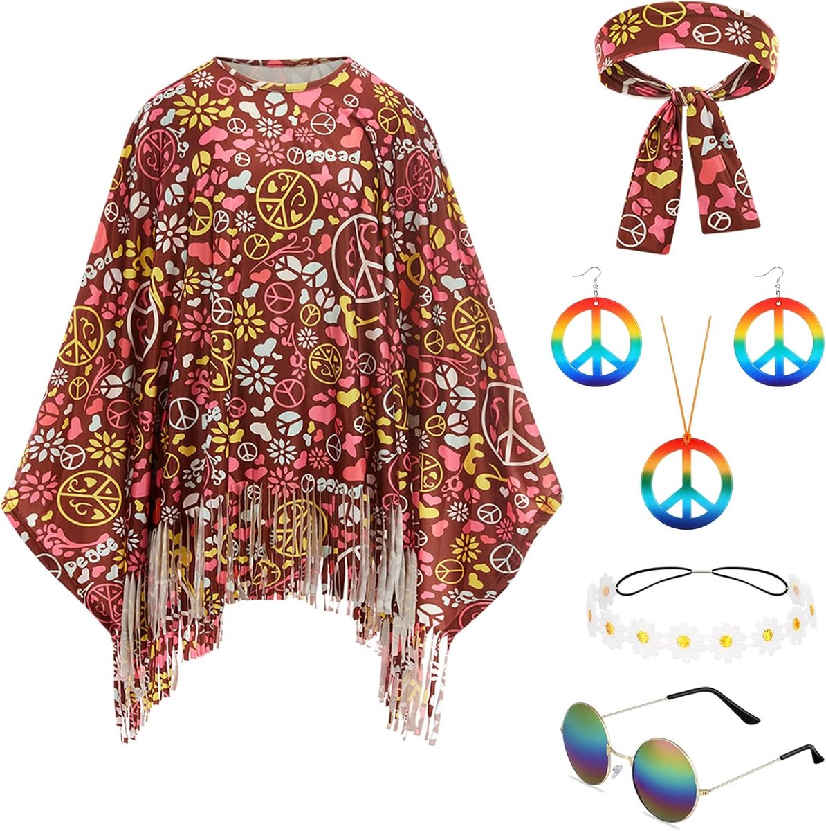 Hippiekostuum voor dames, set met hippie-accessoires, jaren 60 en 70 kleding voor dames, retro hippie, kleding, discooutfit, slageroutfit voor dames, voor themafeest, cosplay, carnaval