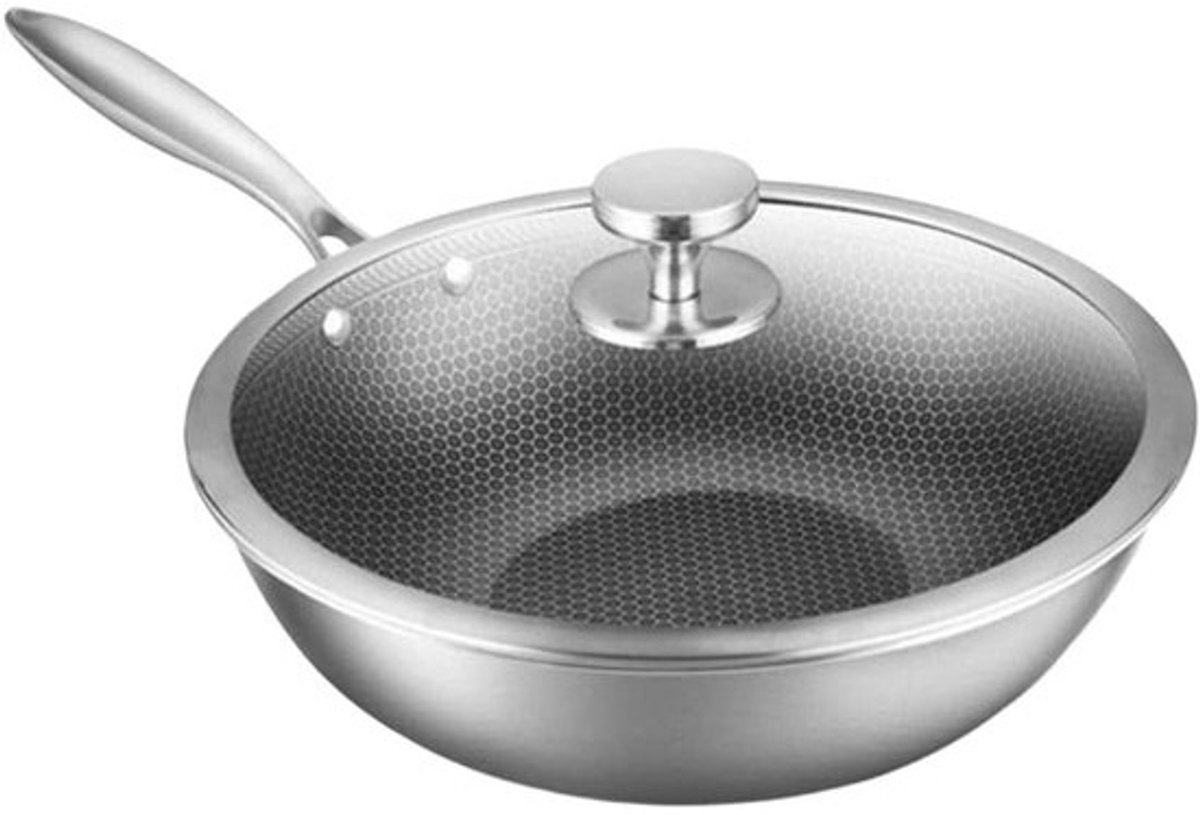 Roestvrijstalen Wok - Kookpan Koekenpan - Roerbakken Snel Koken - Volledige Honingraatstructuur - 30cm Diameter - Zilver