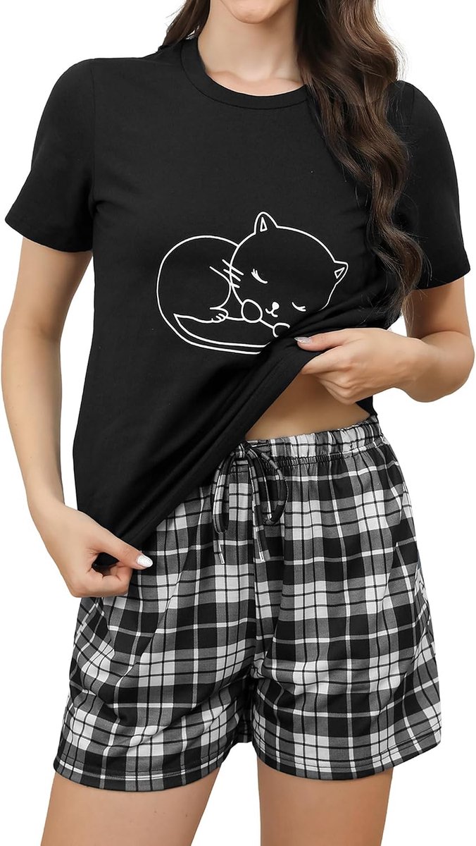 zomerpyjama voor dames, tweedelig, katoen, korte mouwen, met ruitpatroon, shorts met zakken, zacht en comfortabel, huiskleding, S-XXL
